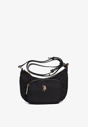 Schwarze Nylon-Umhängetasche mit goldfarbenen Beschlägen, zwei Reißverschlussfächern und einem Logo-Akzent auf der Vorderseite. Glatte Textur und verstellbarer Riemen.