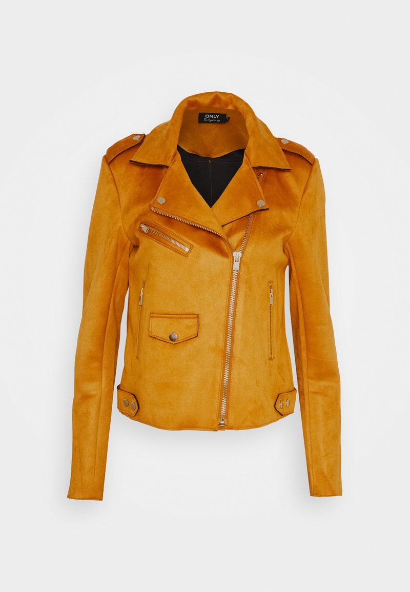 Giacca da biker in camoscio giallo con colletto a punta, zip asimmetrica, tasche laterali e spalline abbottonate sulle spalle.