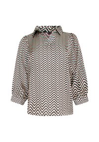 Geweven blouse met een zigzagpatroon in zwart, wit en teal, met een iets losse pasvorm en een colloos decolleté.