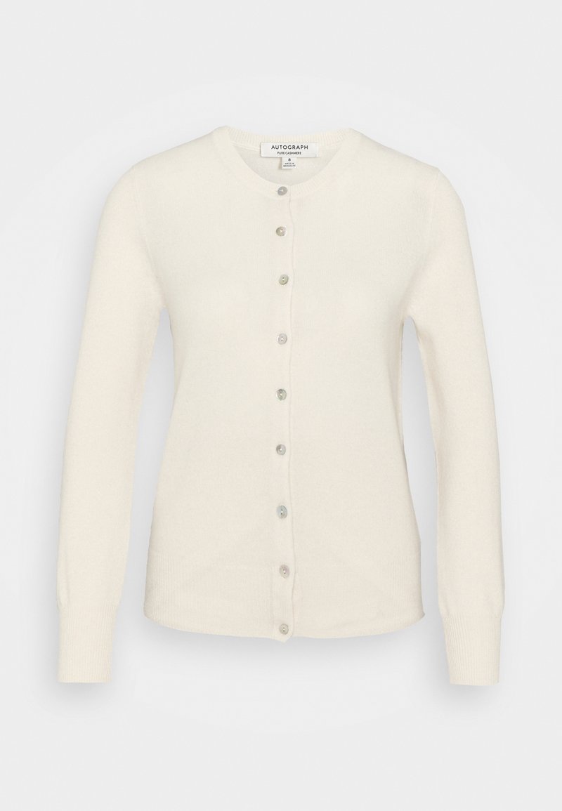 Krémový kardigan s kulatým výstřihem, dlouhými rukávy a zapínáním na knoflíky vpředu. Má perleťové knoflíky a měkkou, texturovanou látku.