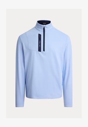 Ανοιχτό μπλε πουλόβερ με γιακά μισής φερμουάρ, μακριά μανίκια και τσέπη με φερμουάρ που έχει ναυτικό μπλε λεπτομέρεια. Λείο, ελαφρύ ύφασμα.