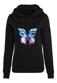 Felpa nera con cappuccio che presenta una grafica di una farfalla con ali blu e viola, arricchita da dettagli e testo al centro.