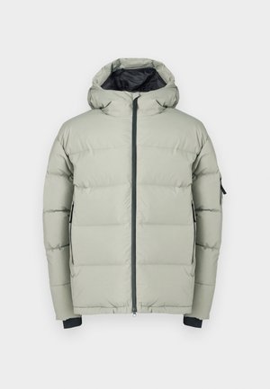 Hellgraue Steppjacke mit Kapuze, ausgestattet mit einem Frontreißverschluss, elastischen Bündchen und zwei Seitentaschen. Das Material wirkt glatt und gepolstert.