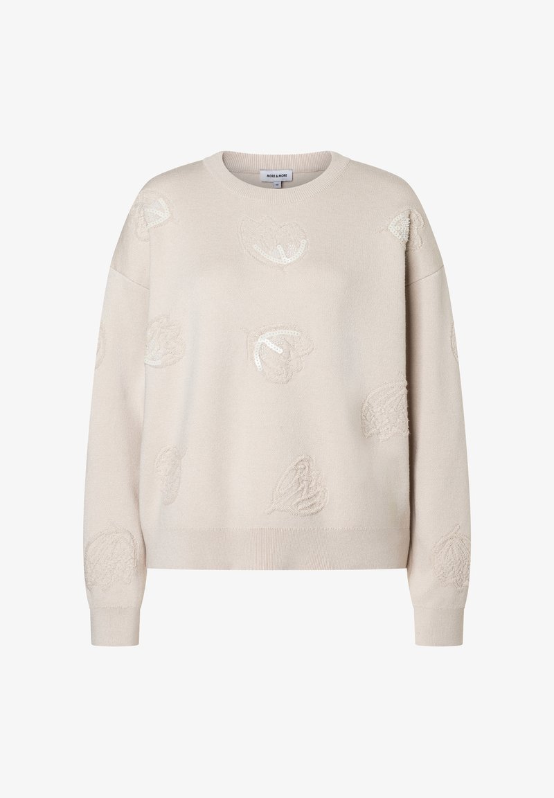Hellbeiger Pullover mit strukturierter Oberfläche, bestickt mit Blattmustern und Rundhalsausschnitt. Lässige Passform mit langen Ärmeln.