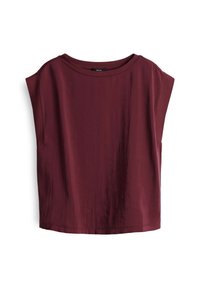Top bordeaux a maniche corte con scollatura rotonda e vestibilità rilassata. Realizzato in tessuto morbido con una leggera lucentezza e senza motivi visibili.