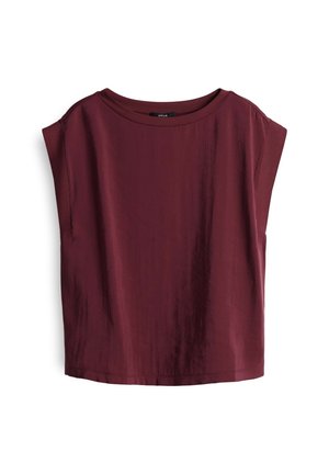 Top bordeaux a maniche corte con scollatura rotonda e vestibilità rilassata. Realizzato in tessuto morbido con una leggera lucentezza e senza motivi visibili.