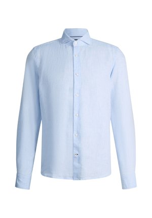 Jasnoniebieska męska koszula z długim rękawem, klasycznym kołnierzem, białymi guzikami i lekko teksturowaną tkaniną.