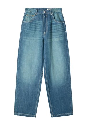 Høj talje blå denim jeans med bred ben, fem lommer, knaplukning og falmet detaljering på lårene og nederste ben.