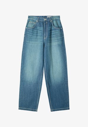 TMavě modré džíny s vysokým pasem a širokými nohavicemi, pěti kapsami, zapínáním na knoflík a opraným detailem na stehnech a dolních nohavicích.