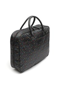 Sac en tissu noir avec un motif géométrique de formes colorées, deux poignées noires et une fermeture éclair. Texture lisse, forme rectangulaire.