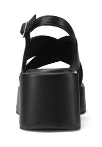 Sandali neri con tacco alto, piattaforma spessa, design con fascette incrociate e chiusura con fibbia. Texture in finta pelle liscia.