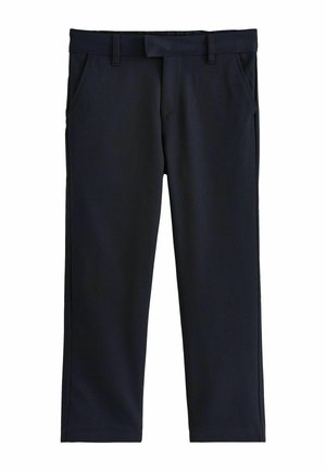 Pantalon bleu marine en matière lisse et extensible. Il comprend une taille avec passants pour ceinture, des poches latérales et un design de jambes fuselées.