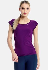 Purple short-sleeve athletic top made of stretchy fabric, featuring a round neckline and a fitted design. Prominent logo at the shoulder.
