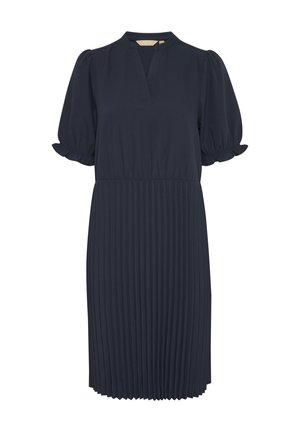 Navy blue pleated dress with a short, puffed sleeve and a notch neckline. Made from smooth fabric, features a fitted waist and flowing skirt.