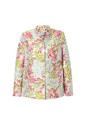 Blazer floreale bianco con motivi di fiori rosa e verdi. Presenta un colletto, bottoni frontali e due tasche applicate.