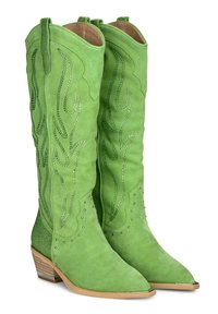 Zielone zamszowe kowbojki z wydłużonymi noskami, skomplikowanym haftem w kształcie płomieni i dekoracyjnymi ćwiekami, z piętą na wysokim obcasie i pętlami do zakładania.