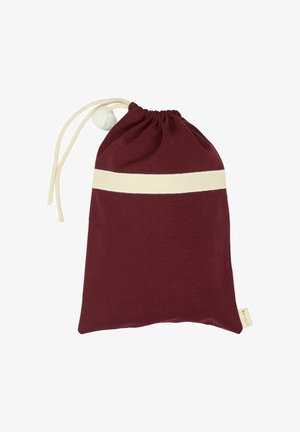 Burgundiapunane puuvillane kotti paelaga, sisaldab kreemjat horisontaalset triipu, kitsendatud ülemist osa ja siledat tekstuuri. Alumises servas on väike kaubamärgi silt.