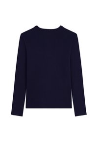 Marineblaues Langarmoberteil mit rundem Ausschnitt, verziert mit einer gewellten Detailierung entlang des Kragens und der Manschetten, aus einem glatten, dehnbaren Stoff gefertigt.