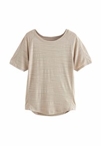 Camiseta de manga corta beige con cuello redondo, que presenta sutiles rayas horizontales y un dobladillo curvado para un ajuste relajado.