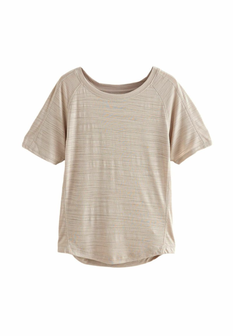 Camiseta de manga corta beige con cuello redondo, que presenta sutiles rayas horizontales y un dobladillo curvado para un ajuste relajado.