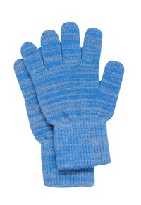 Blå strikkede hansker med et stripet mønster, fem separate fingre, en teksturert overflate og en middels lang mansjett.
