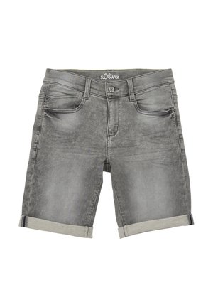 Graue Denim-Shorts mit umgekrempelten Säumen, vorderer Knopf- und Reißverschluss sowie sichtbarem s.Oliver Markenlabel am Bund.
