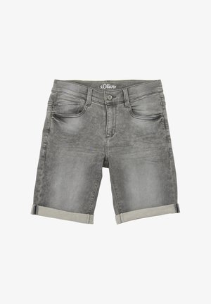 Grå denimshorts med opsmøgede kant, frontknap og lynlås, samt synligt s.Oliver brandlabel på linningen.