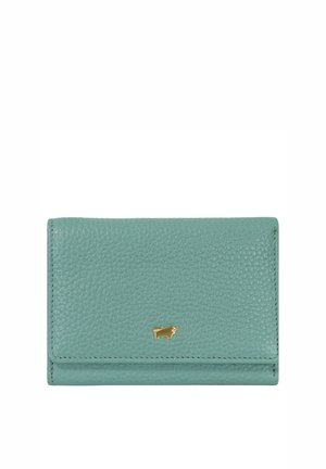 Portafoglio in pelle testurizzata turchese con un piccolo emblema dorato a forma di toro al centro della patta frontale, esposto su uno sfondo bianco.