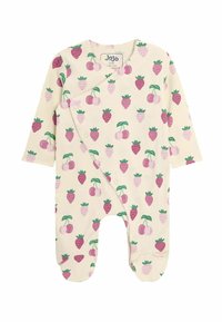 Baumwollstrampler in Creme mit einem Erdbeerdruck in Pink und Grün. Verfügt über lange Ärmel, Druckknopfverschluss und Fußdesign.