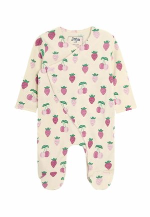 Baumwollstrampler in Creme mit einem Erdbeerdruck in Pink und Grün. Verfügt über lange Ärmel, Druckknopfverschluss und Fußdesign.