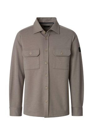 Long-sleeve taupe shirt with pointed collar, button front, and two buttoned chest pockets, made from textured fabric.