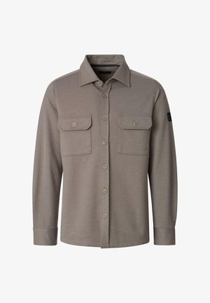 Long-sleeve taupe shirt with pointed collar, button front, and two buttoned chest pockets, made from textured fabric.