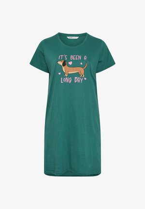 Grünes, kurzärmeliges Kleid mit einem cartoonartigen Dackel und rosa Schriftzug "It's been a long day", umgeben von kleinen rosa Herzen.