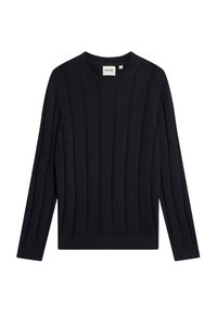 Marineblauer Rippstrickpullover mit rundem Ausschnitt und langen Ärmeln, mit vertikaler Struktur und lockerem Sitz. Hergestellt aus weichem Stoff.