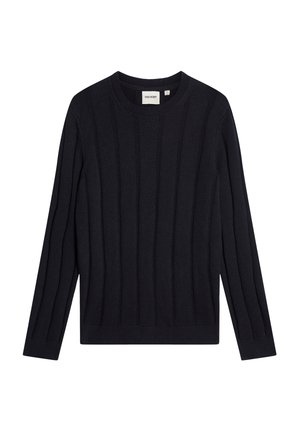 Temno modra rebrasta pletena majica z okroglim izrezom in dolgimi rokavi, z navpično teksturo in sproščenim krojem. Izdelana iz mehke tkanine.