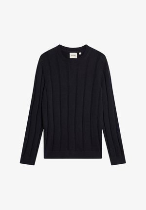 Marineblauwe geribbelde gebreide trui met een ronde halslijn en lange mouwen, voorzien van verticale textuur en een ontspannen pasvorm. Gemaakt van zachte stof.