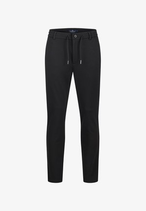 Zwarte slim-fit broek met trekkoord in de taille, knoopsluiting en riemlussen, ontworpen voor een getailleerde casual look.