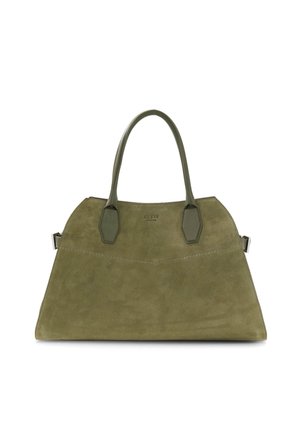 Sac à main en daim vert olive avec une forme trapézoïdale structurée, double poignée et logo GUESS discret au centre devant.