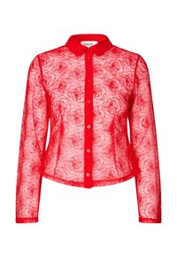 Red sheer button-up shirt with long sleeves, featuring a floral lace pattern. Collared design with a straight hem and front buttons.