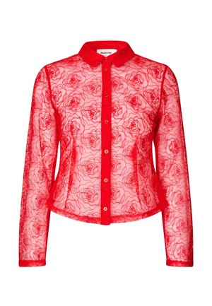 Punane poolläbipaistev nööpidega särk pikkade varrukatega, millel on lilleline pitsmuster. Kraedega disain, sirge äär ja ees olevad numbrid.