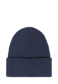 Navy blue knitted beanie hat with a rolled hem, made from soft material, featuring a ribbed texture and a conical crown.