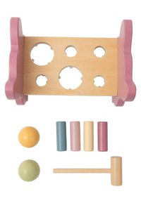 Wooden activity toy with pink accents, featuring six holes for colorful round and cylindrical pieces, and a wooden mallet for play.