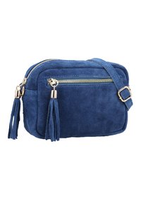 Blå mocka crossbody-väska med guldfärgad hårdvara, dragkedjefack och dekorativa fransar. Har en justerbar rem och slät yta.