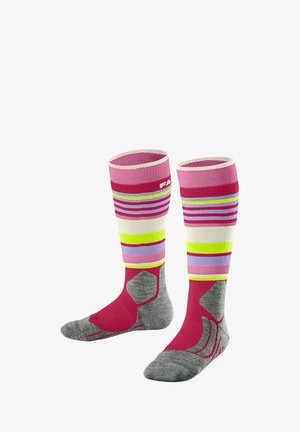 Calze al ginocchio a righe nei colori rosa, giallo, blu, verde e grigio. Tallone e punta rinforzati con grip strutturato sulla suola.