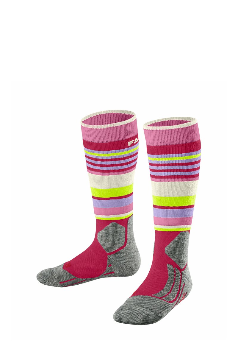 Kniestrümpfe im gestreiften Muster in Pink, Gelb, Blau, Grün und Grau. Verstärkter Fersen- und Zehenbereich mit rutschfester Textur auf der Sohle.