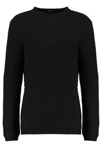 Svart stickad långärmad tröja med rund halsringning och ribbade muddar samt fåll, med ett strukturerat mönster.