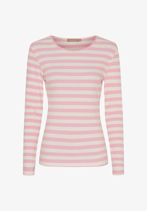 Langærmet, tætsiddende skjorte med lyserøde og hvide vandrette striber og rund halsudskæring.