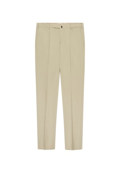 Pantalon beige droit avec passants pour ceinture, poches latérales et fermeture éclair devant avec fermeture cachée.