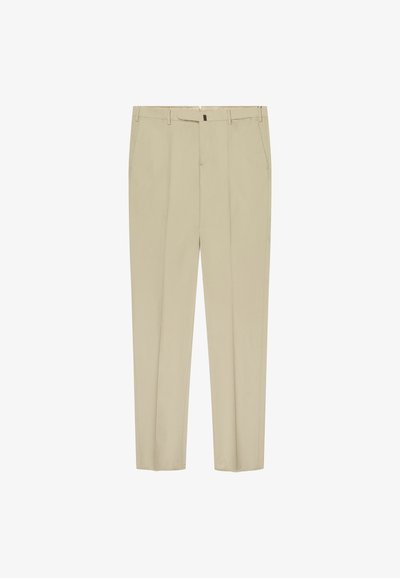 Pantalon beige droit avec passants pour ceinture, poches latérales et fermeture éclair devant avec fermeture cachée.