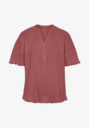 Kurzärmlige, knopf-besetzte Bluse in staubigem Rosenrot mit strukturiertem Stoff und gewellten Kanten an Ärmeln und Saum.